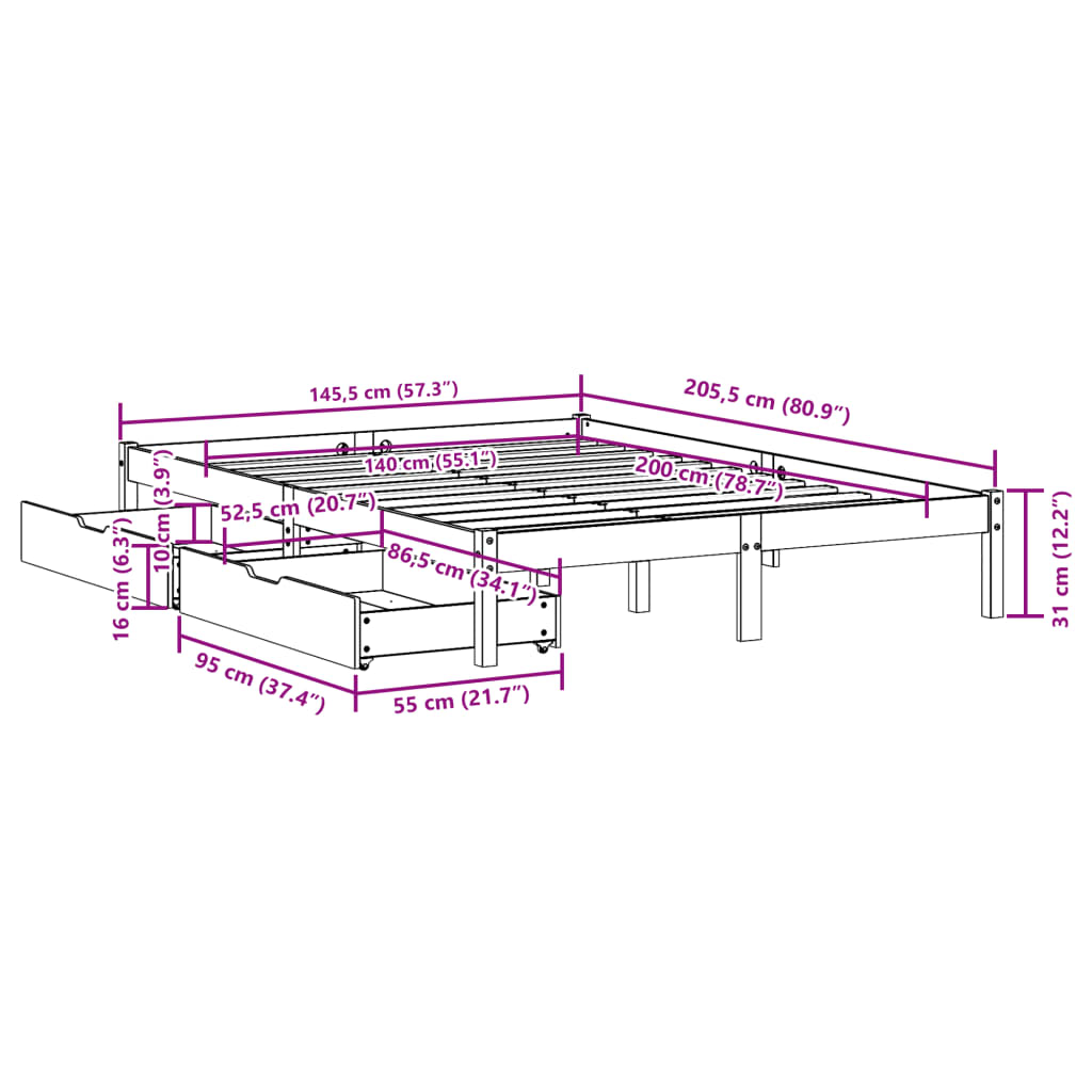 Massivholzbett ohne Matratze 140x200 cm Kiefernholz