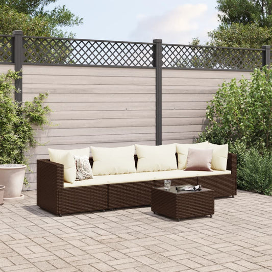 5-tlg. Garten-Lounge-Set mit Kissen Braun Poly Rattan