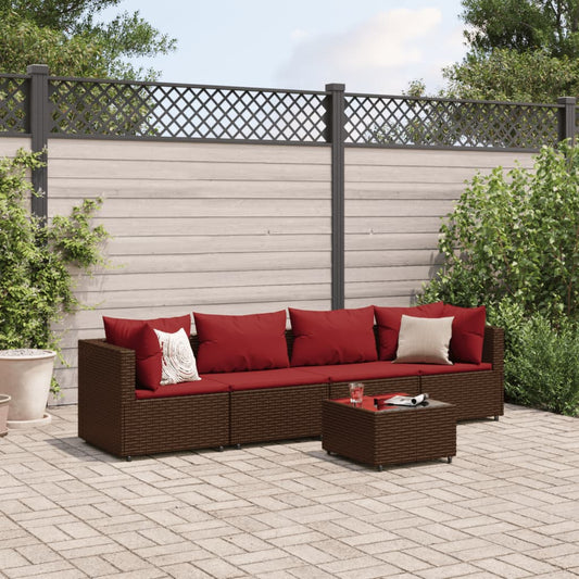 5-tlg. Garten-Lounge-Set mit Kissen Braun Poly Rattan