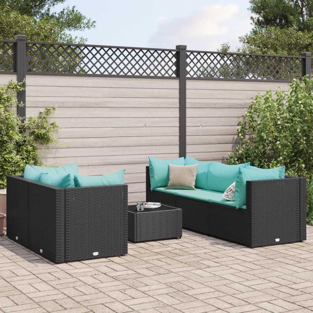 6-tlg. Garten-Lounge-Set mit Kissen Schwarz Poly Rattan