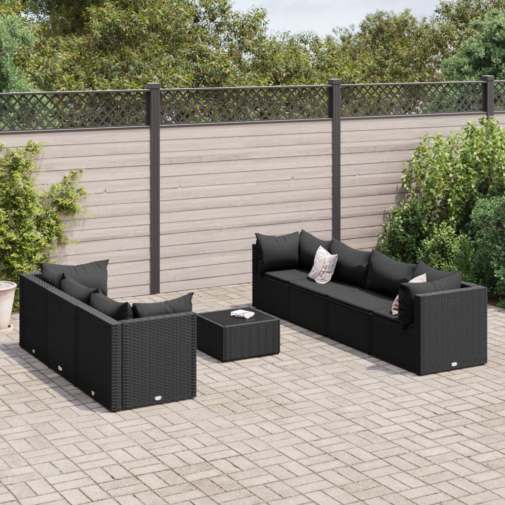 8-tlg. Garten-Lounge-Set mit Kissen Schwarz Poly Rattan