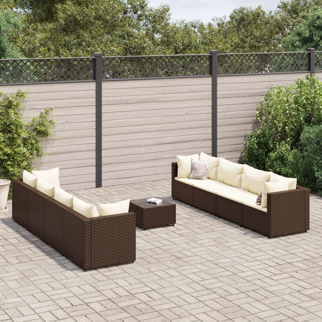 9-tlg. Garten-Lounge-Set mit Kissen Braun Poly Rattan