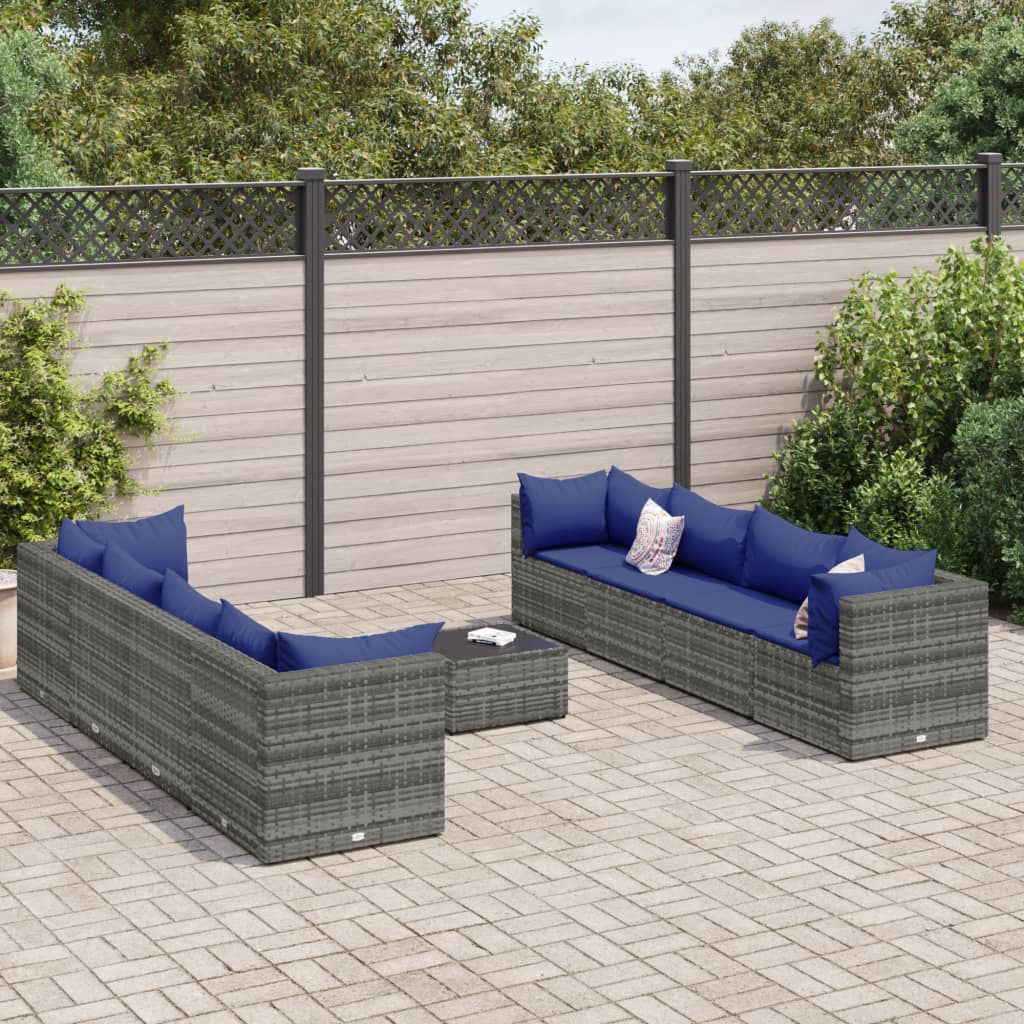 9-tlg. Garten-Lounge-Set mit Kissen Grau Poly Rattan