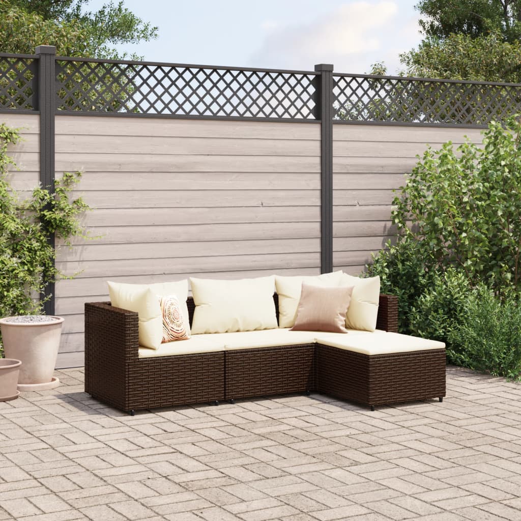 4-tlg. Garten-Lounge-Set mit Kissen Braun Poly Rattan