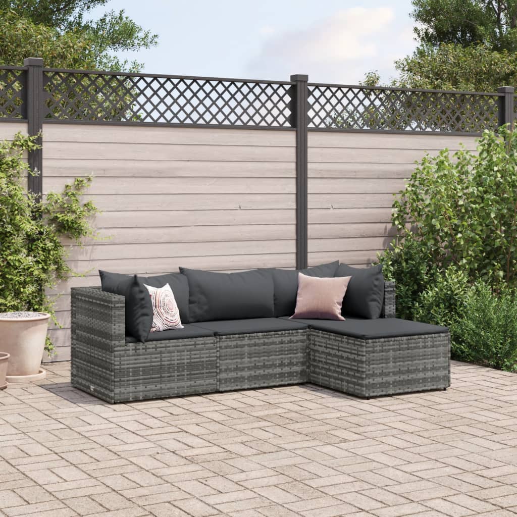 4-tlg. Garten-Lounge-Set mit Kissen Grau Poly Rattan