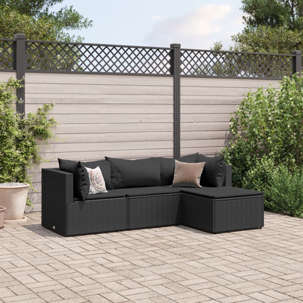 4-tlg. Garten-Lounge-Set mit Kissen Schwarz Poly Rattan