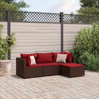 4-tlg. Garten-Lounge-Set mit Kissen Braun Poly Rattan