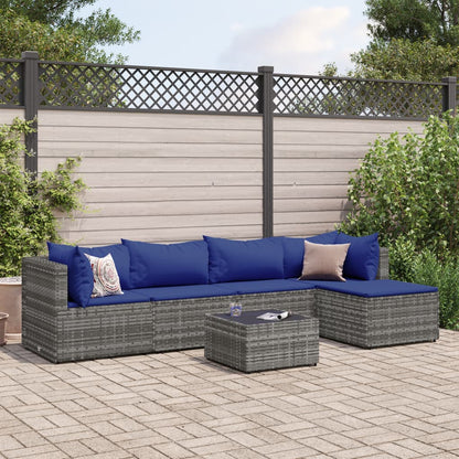 6-tlg. Garten-Lounge-Set mit Kissen Grau Poly Rattan