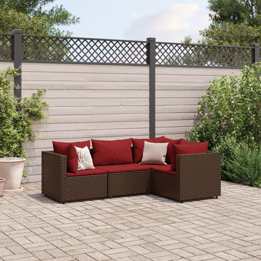 4-tlg. Garten-Lounge-Set mit Kissen Braun Poly Rattan