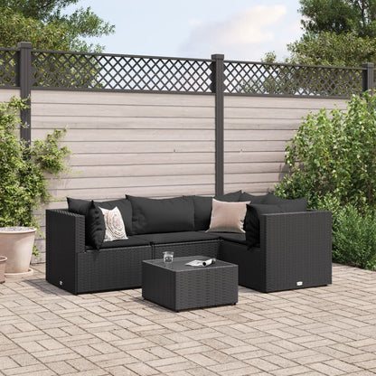 5-tlg. Garten-Lounge-Set mit Kissen Schwarz Poly Rattan