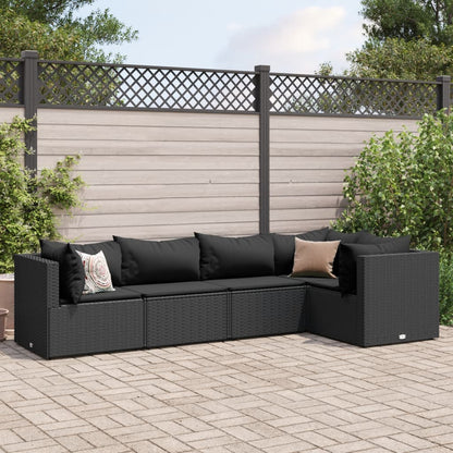 5-tlg. Garten-Lounge-Set mit Kissen Schwarz Poly Rattan