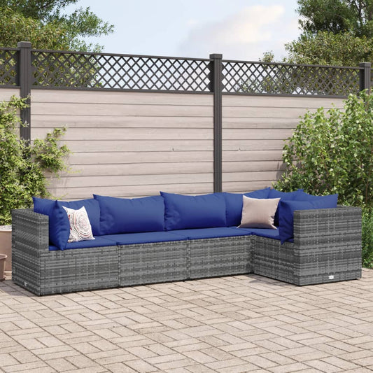 5-tlg. Garten-Lounge-Set mit Kissen Grau Poly Rattan