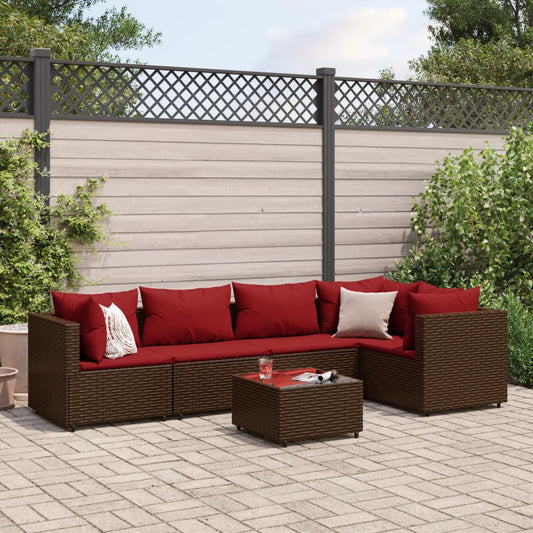 6-tlg. Garten-Lounge-Set mit Kissen Braun Poly Rattan