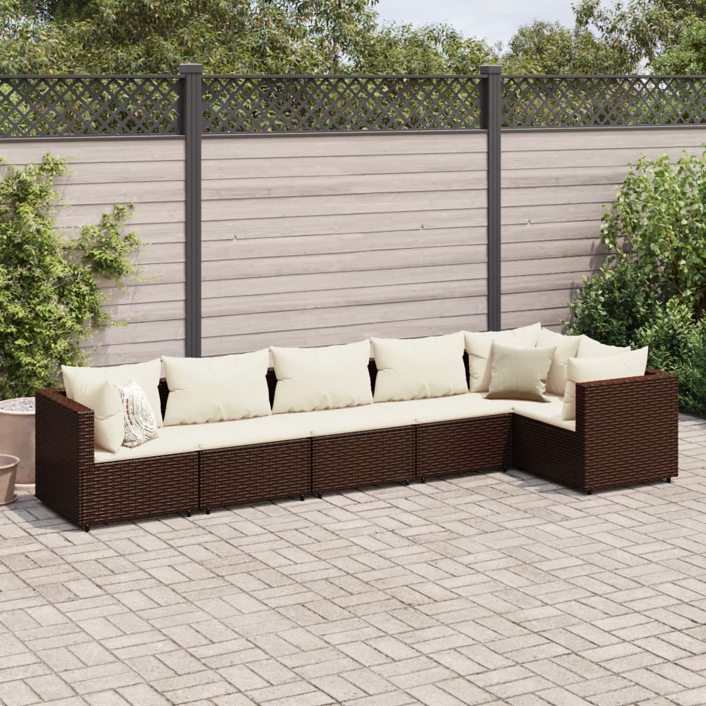 6-tlg. Garten-Lounge-Set mit Kissen Braun Poly Rattan