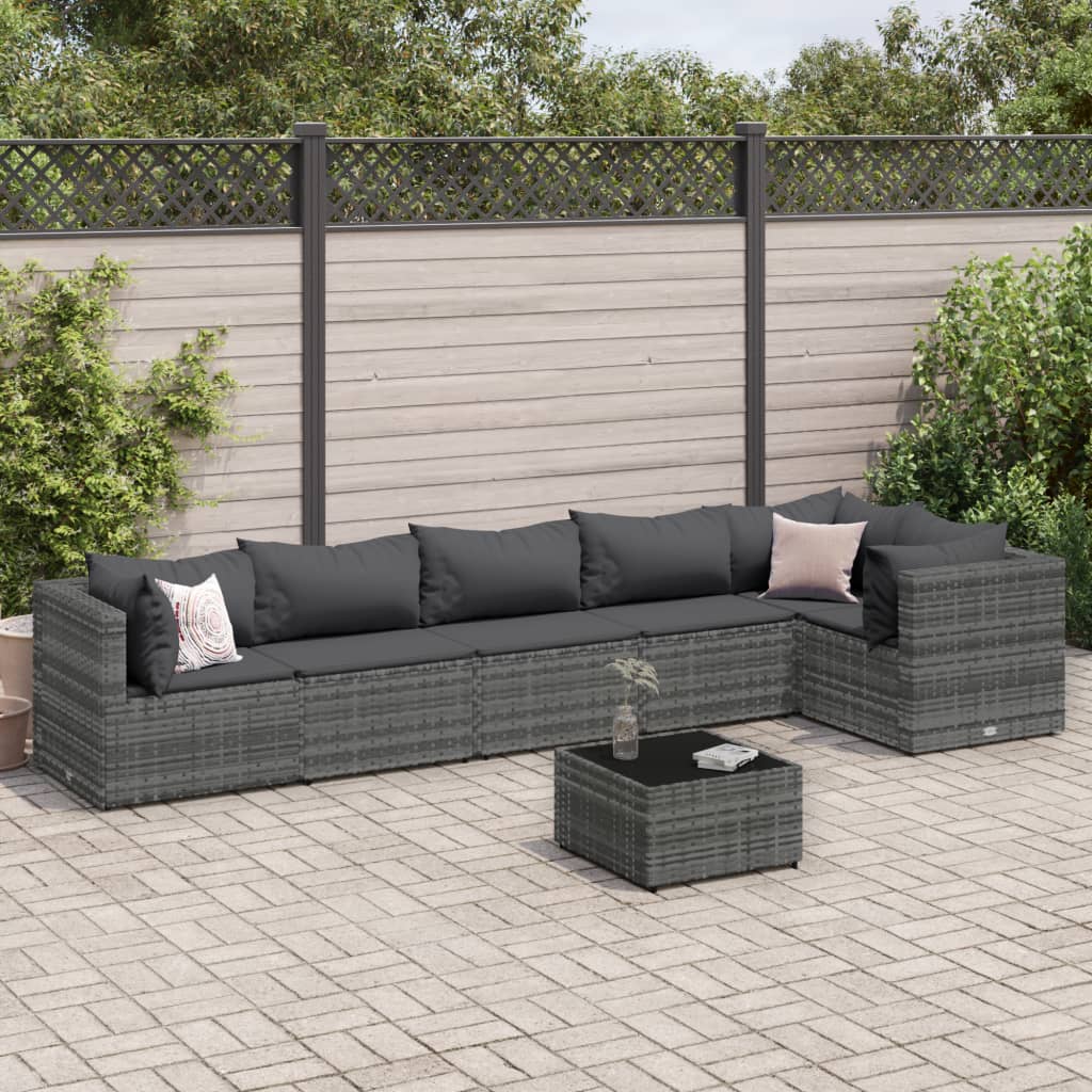 7-tlg. Garten-Lounge-Set mit Kissen Grau Poly Rattan