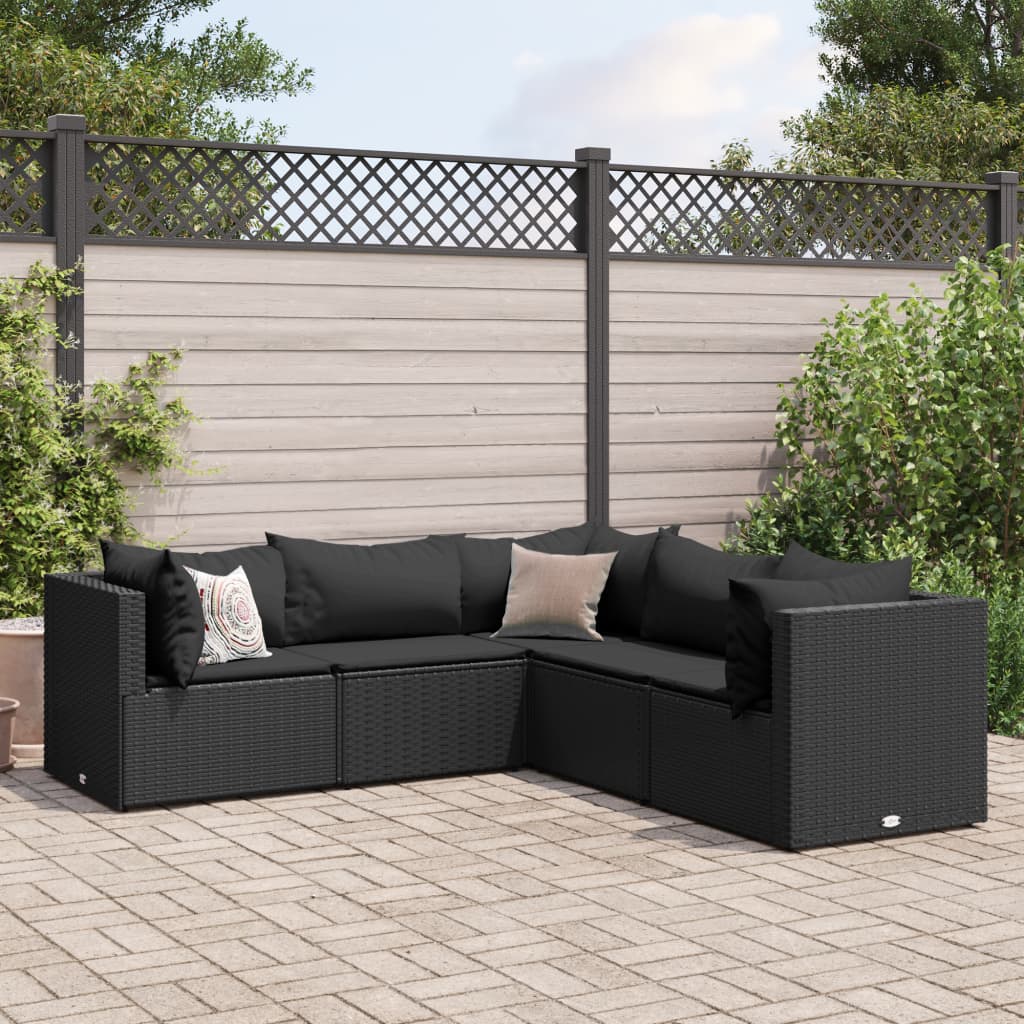 5-tlg. Garten-Lounge-Set mit Kissen Schwarz Poly Rattan