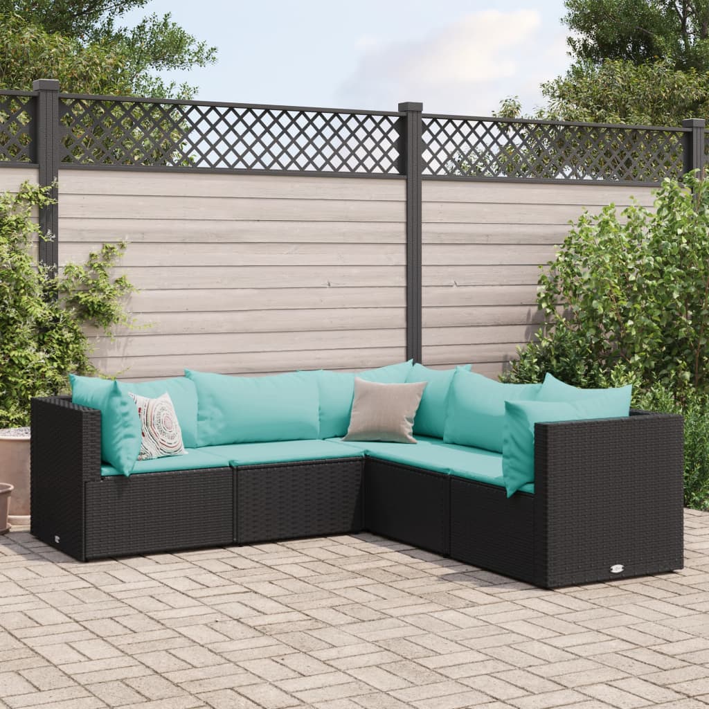 5-tlg. Garten-Lounge-Set mit Kissen Schwarz Poly Rattan