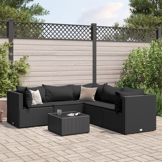 6-tlg. Garten-Lounge-Set mit Kissen Schwarz Poly Rattan