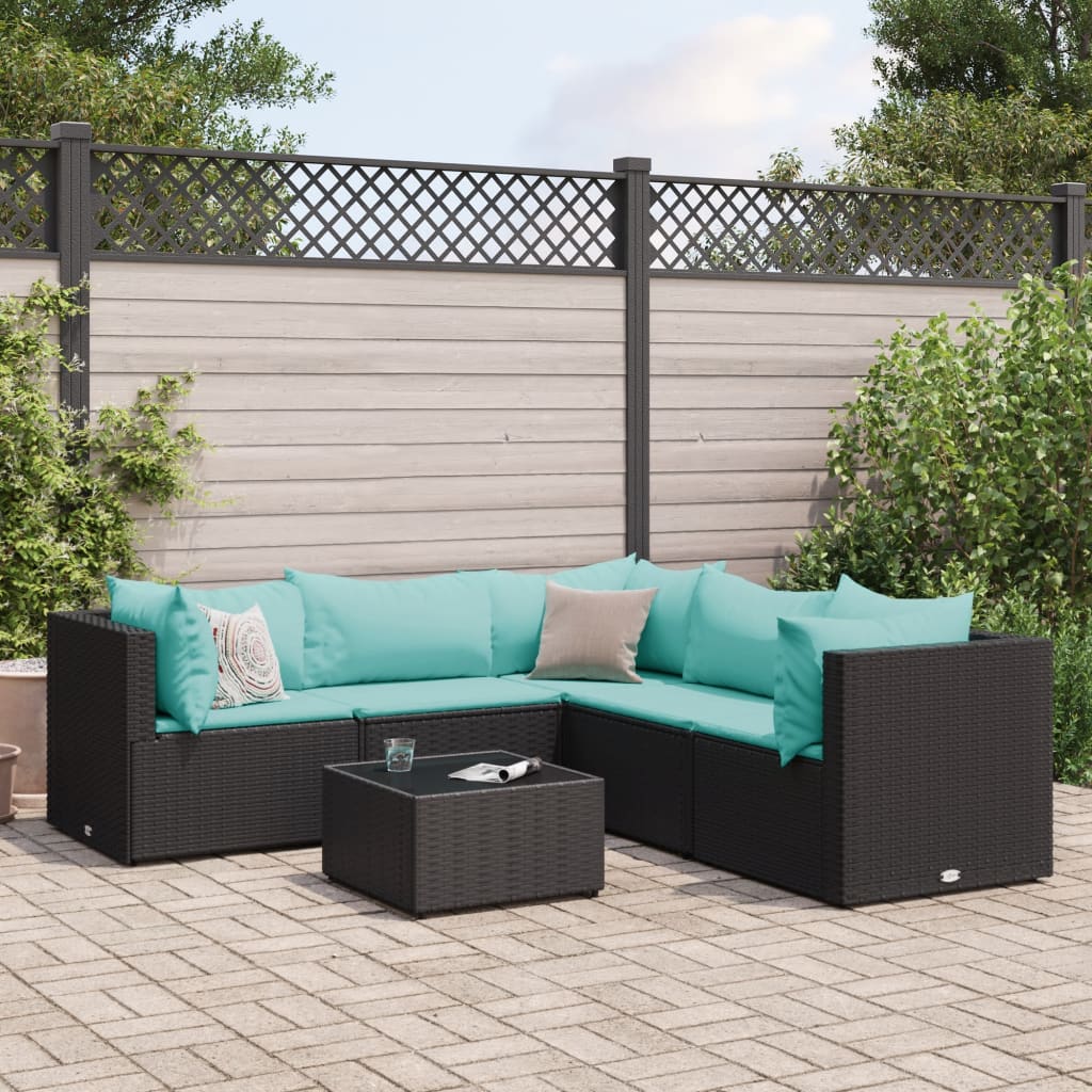 6-tlg. Garten-Lounge-Set mit Kissen Schwarz Poly Rattan