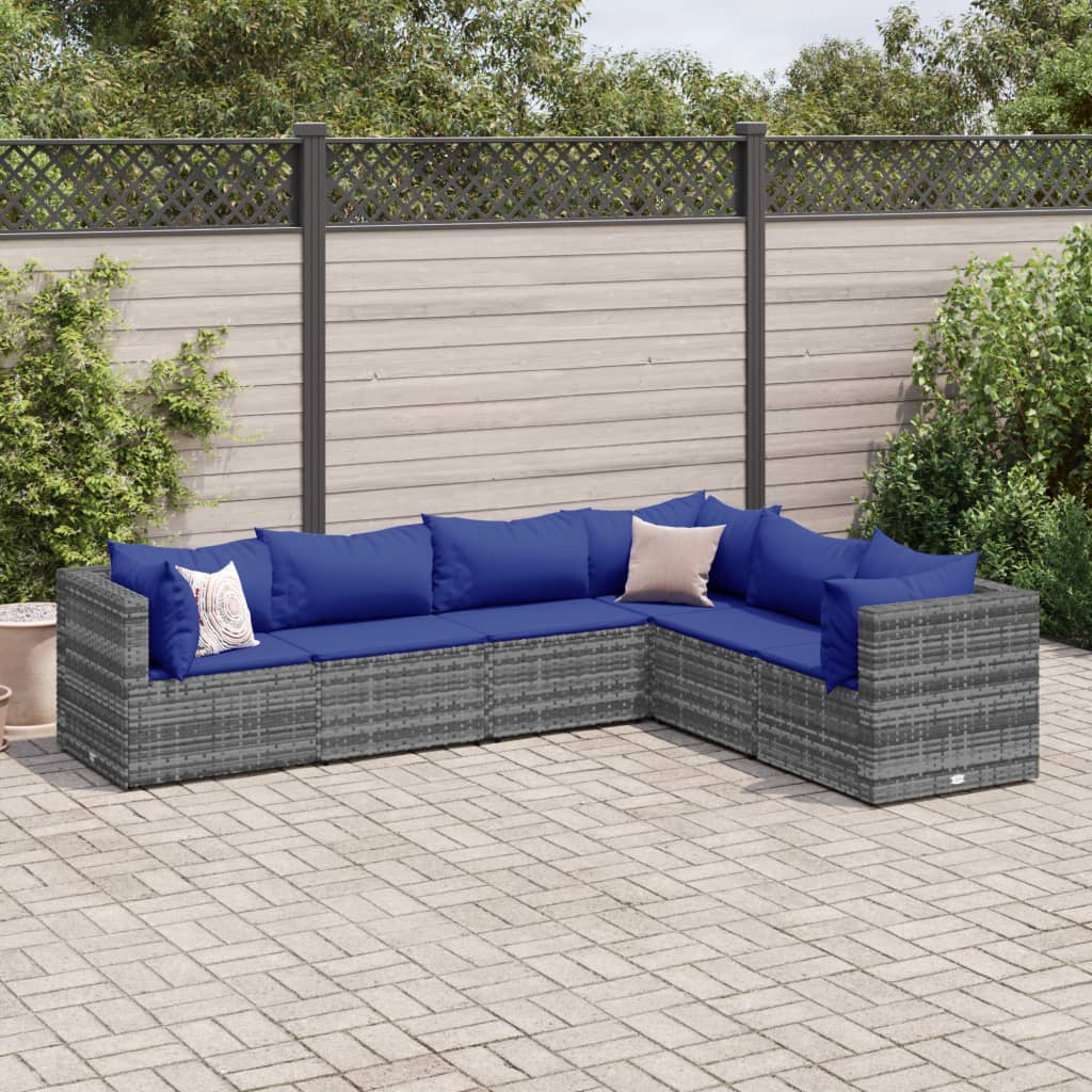 6-tlg. Garten-Lounge-Set mit Kissen Grau Poly Rattan