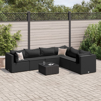 7-tlg. Garten-Lounge-Set mit Kissen Schwarz Poly Rattan