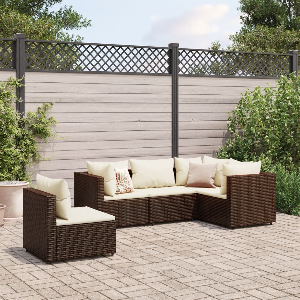 5-tlg. Garten-Lounge-Set mit Kissen Braun Poly Rattan