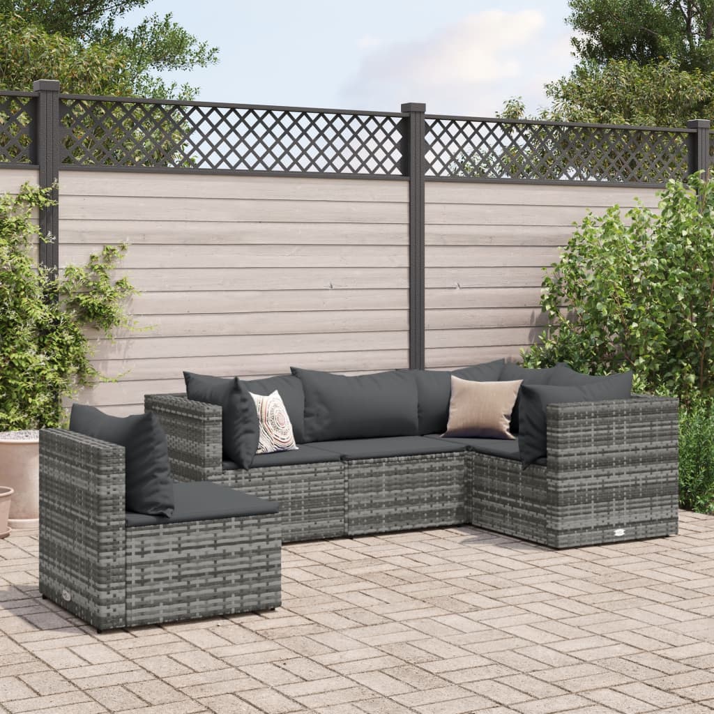 5-tlg. Garten-Lounge-Set mit Kissen Grau Poly Rattan