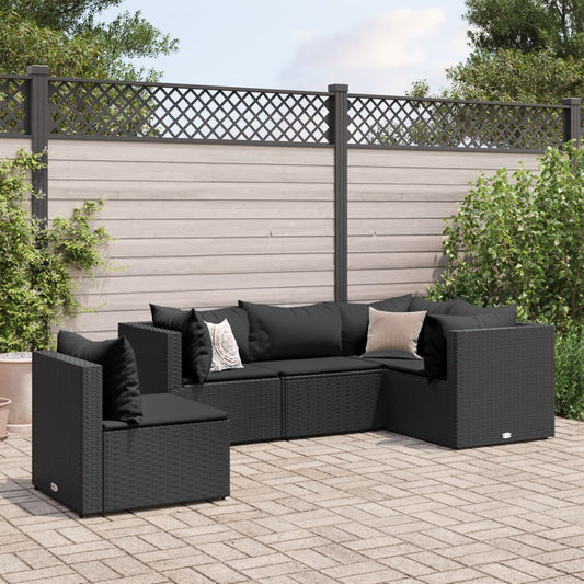 5-tlg. Garten-Lounge-Set mit Kissen Schwarz Poly Rattan