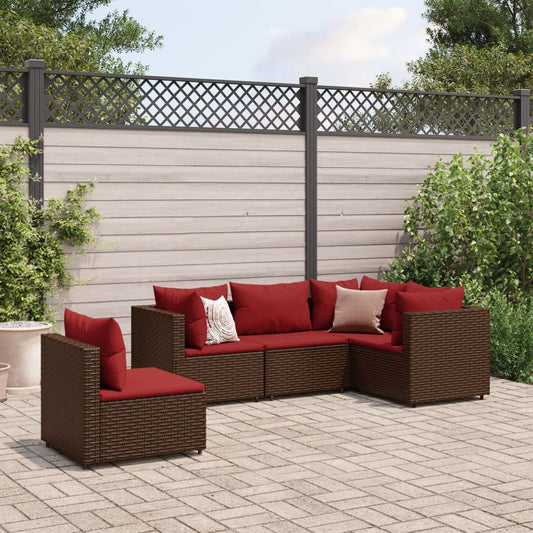 5-tlg. Garten-Lounge-Set mit Kissen Braun Poly Rattan