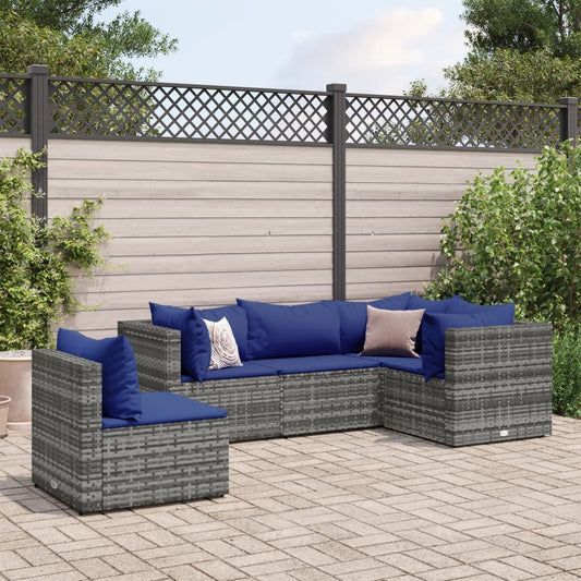 5-tlg. Garten-Lounge-Set mit Kissen Grau Poly Rattan