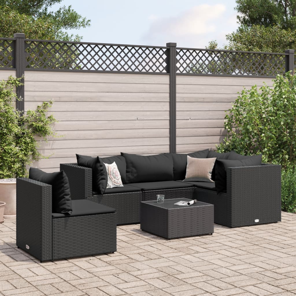 6-tlg. Garten-Lounge-Set mit Kissen Schwarz Poly Rattan