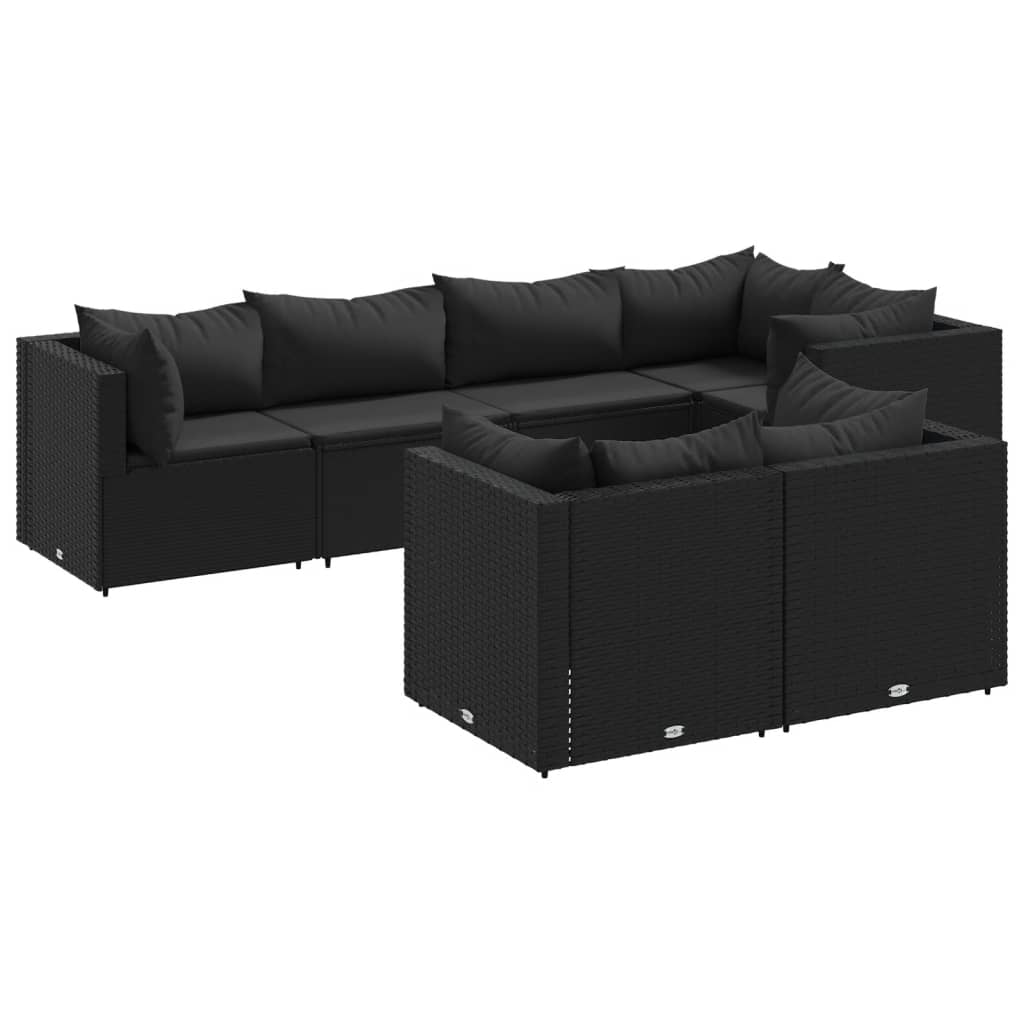 7-tlg. Garten-Lounge-Set mit Kissen Schwarz Poly Rattan