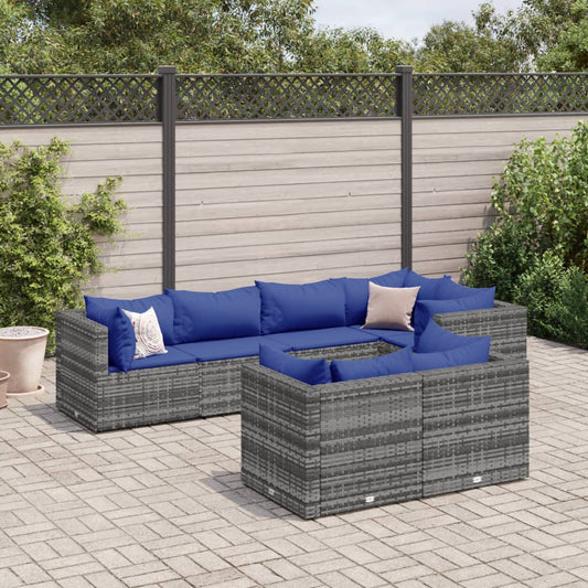 7-tlg. Garten-Lounge-Set mit Kissen Grau Poly Rattan