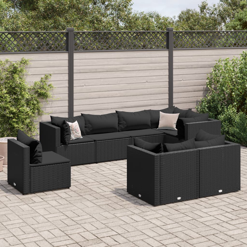 8-tlg. Garten-Lounge-Set mit Kissen Schwarz Poly Rattan