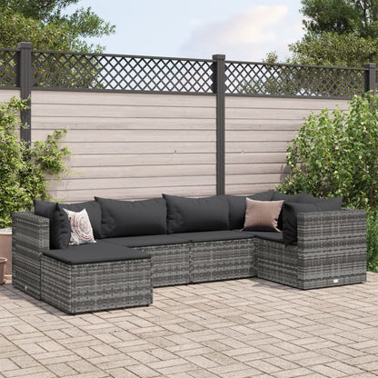 6-tlg. Garten-Lounge-Set mit Kissen Grau Poly Rattan