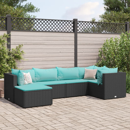 6-tlg. Garten-Lounge-Set mit Kissen Schwarz Poly Rattan