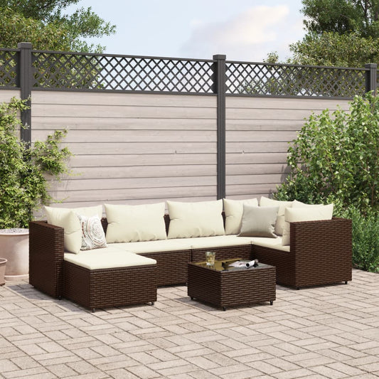 7-tlg. Garten-Lounge-Set mit Kissen Braun Poly Rattan