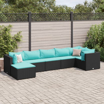 7-tlg. Garten-Lounge-Set mit Kissen Schwarz Poly Rattan