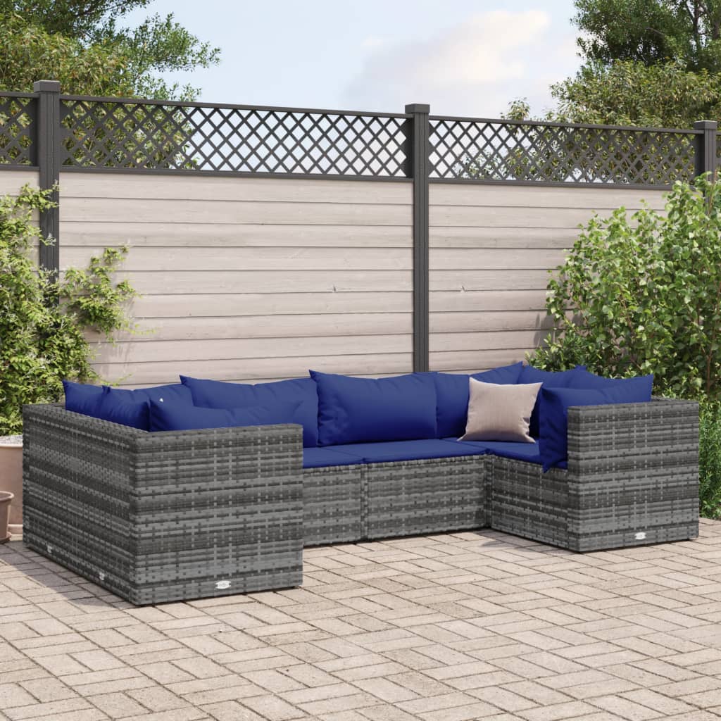 6-tlg. Garten-Lounge-Set mit Kissen Grau Poly Rattan