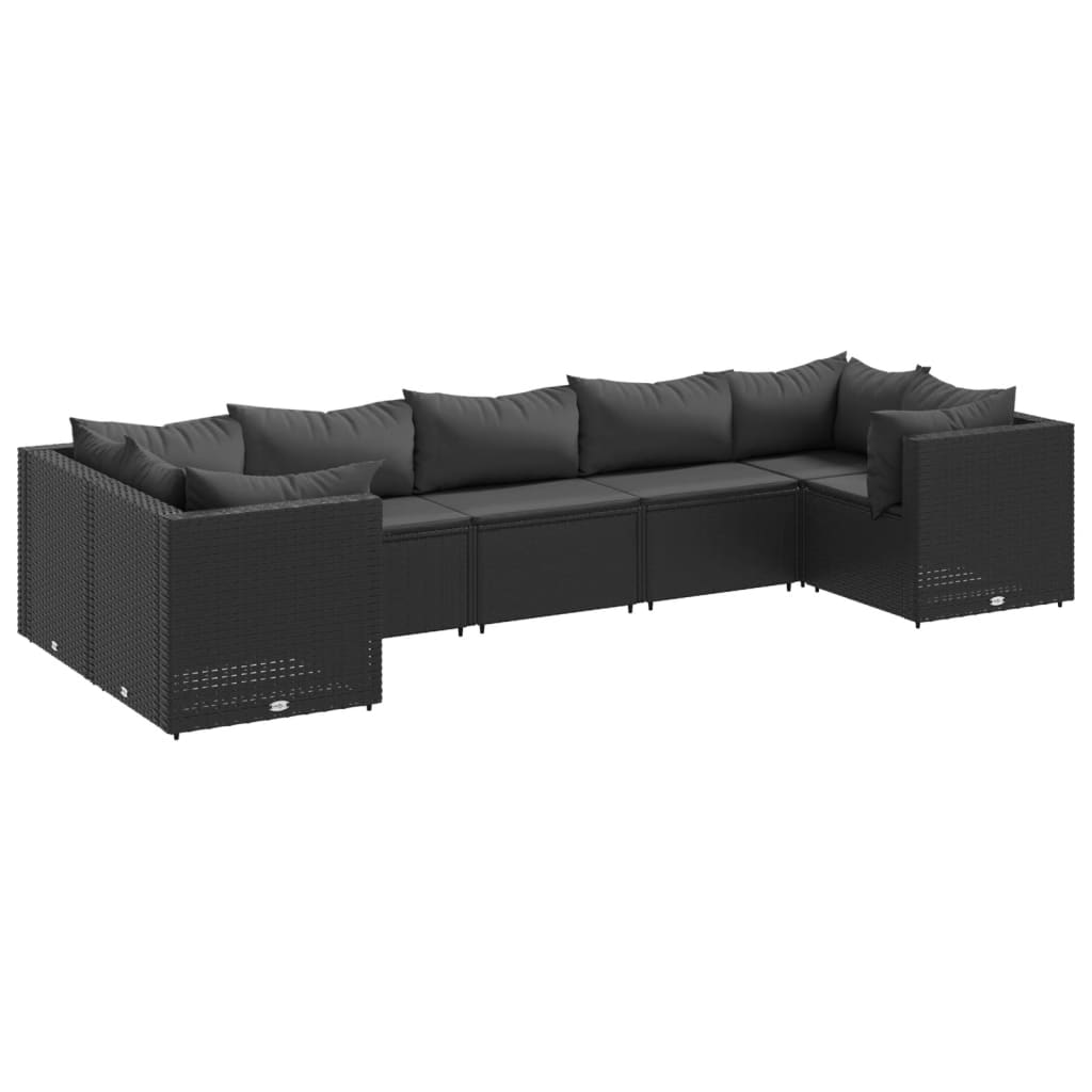 7-tlg. Garten-Lounge-Set mit Kissen Schwarz Poly Rattan