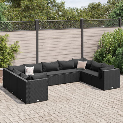 9-tlg. Garten-Lounge-Set mit Kissen Schwarz Poly Rattan