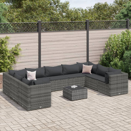 10-tlg. Garten-Lounge-Set mit Kissen Grau Poly Rattan