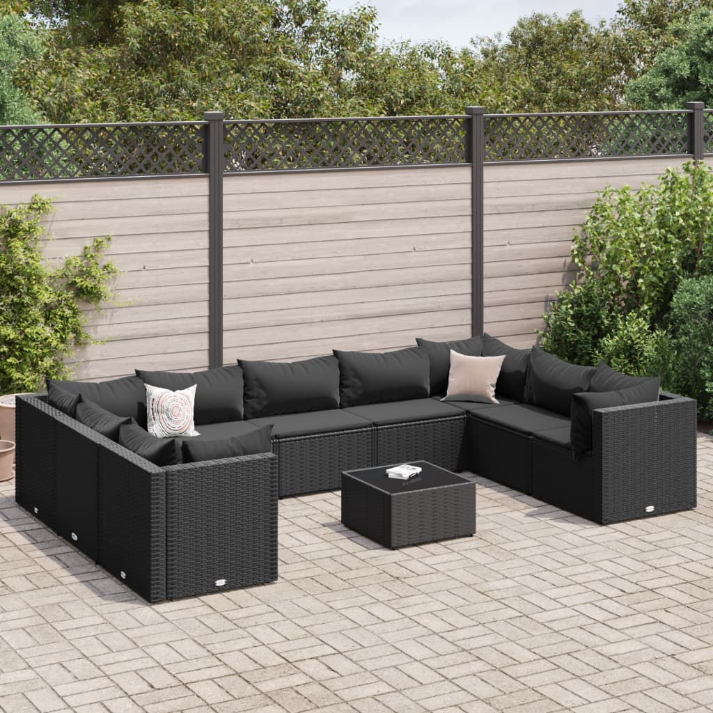 10-tlg. Garten-Lounge-Set mit Kissen Schwarz Poly Rattan