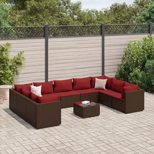 10-tlg. Garten-Lounge-Set mit Kissen Braun Poly Rattan