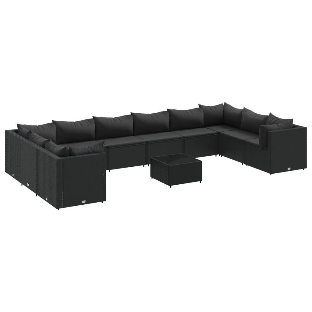 11-tlg. Garten-Lounge-Set mit Kissen Schwarz Poly Rattan