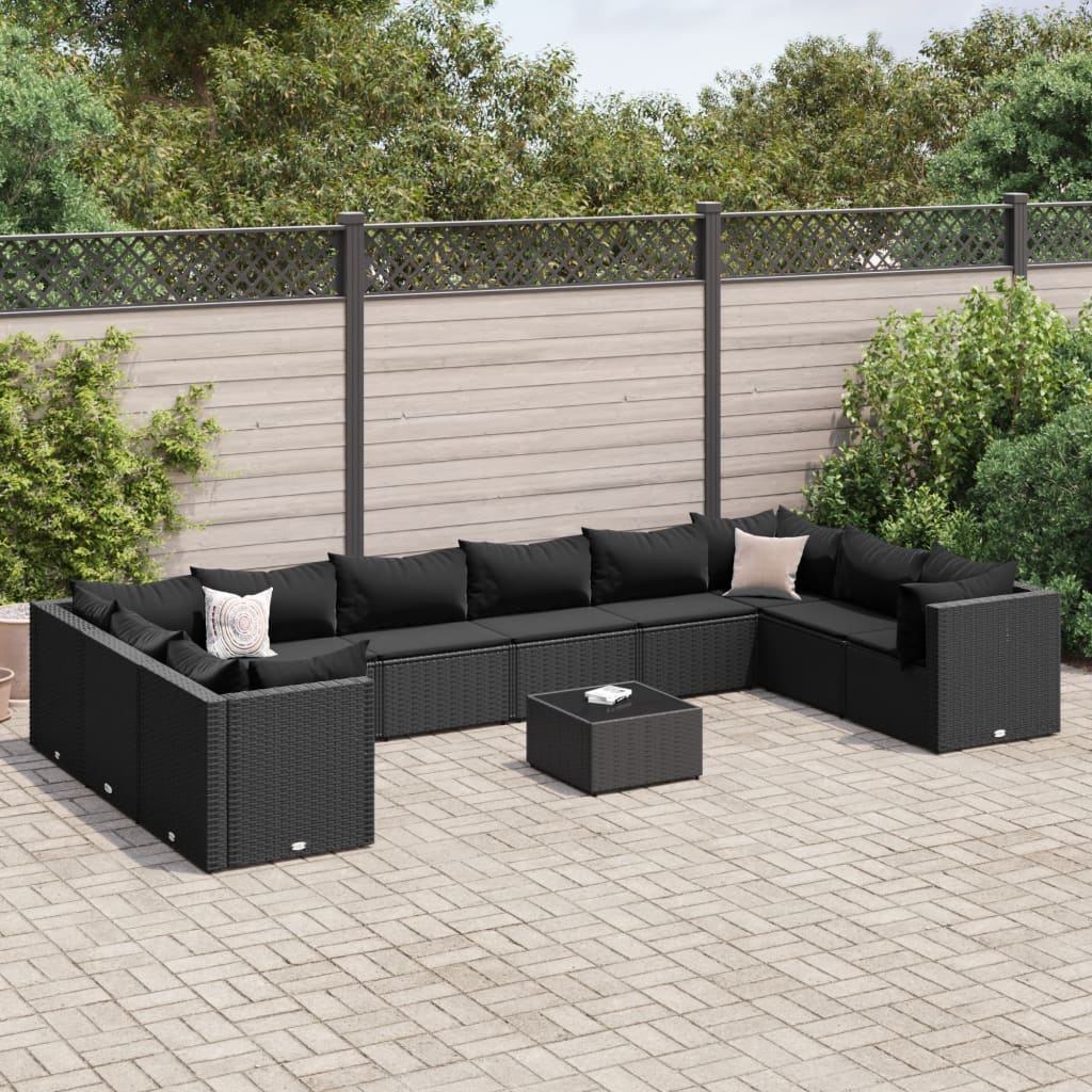 11-tlg. Garten-Lounge-Set mit Kissen Schwarz Poly Rattan