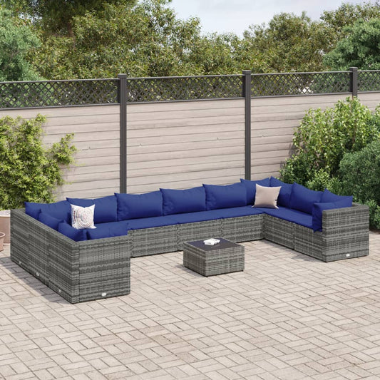 11-tlg. Garten-Lounge-Set mit Kissen Grau Poly Rattan