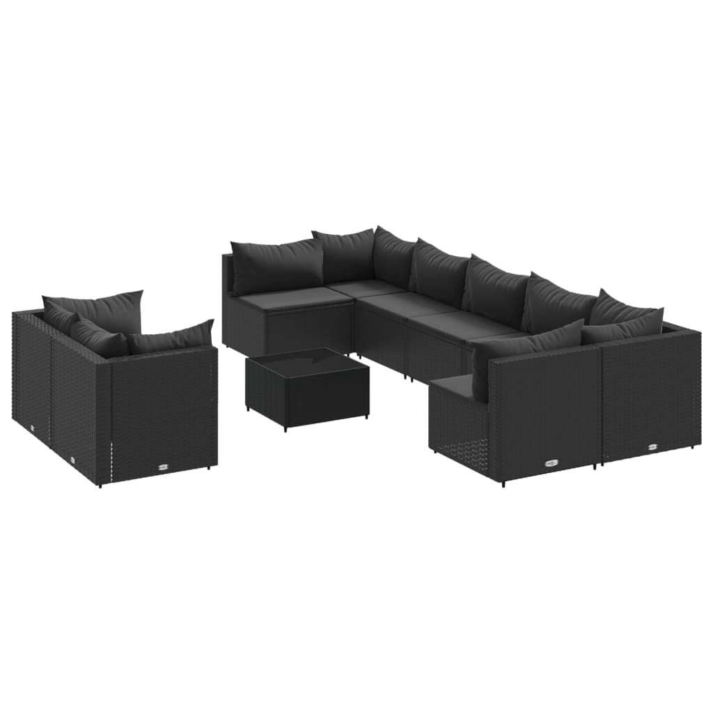 10-tlg. Garten-Sofagarnitur mit Kissen Schwarz Poly Rattan