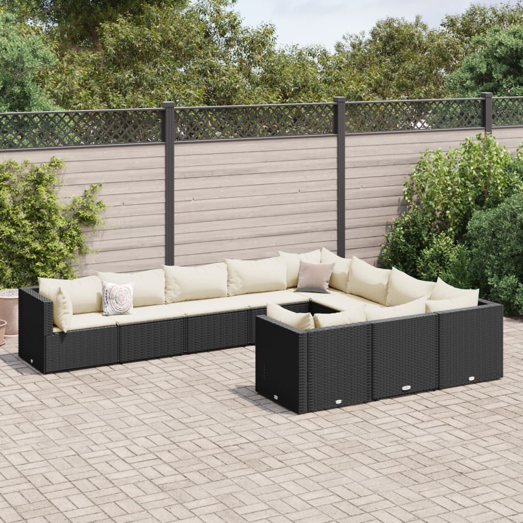 10-tlg. Garten-Sofagarnitur mit Kissen Schwarz Poly Rattan