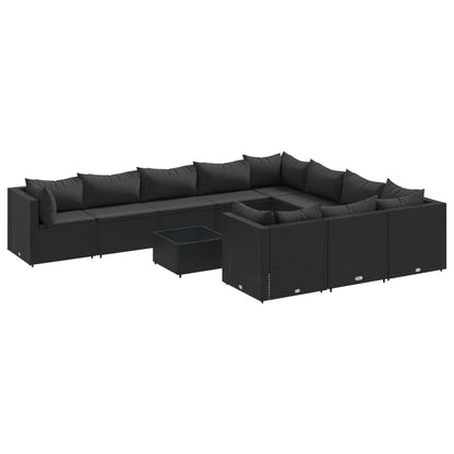 11-tlg. Garten-Sofagarnitur mit Kissen Schwarz Poly Rattan